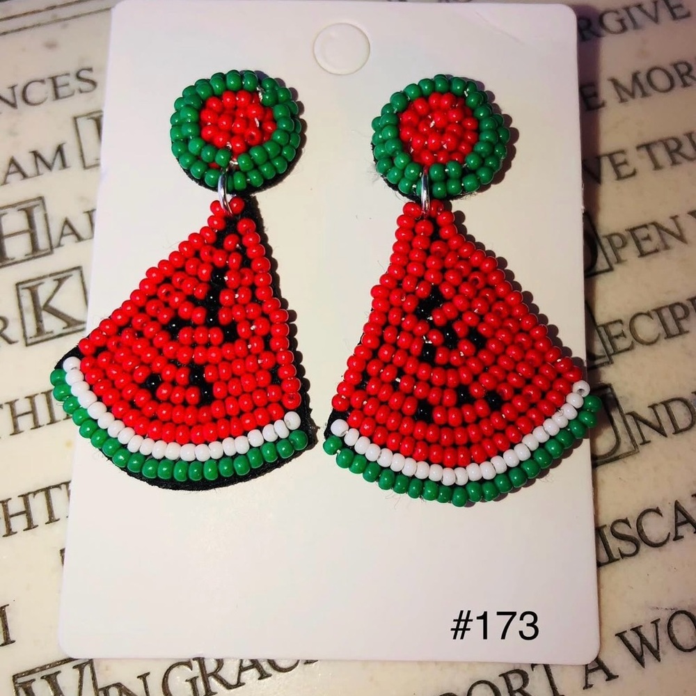 #173 | Watermelon Slice Seed Bead Post Back Dangle Earrings